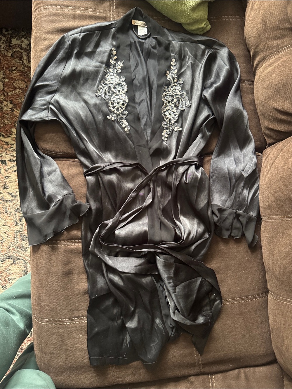 Embroidered Satin Robe - Black